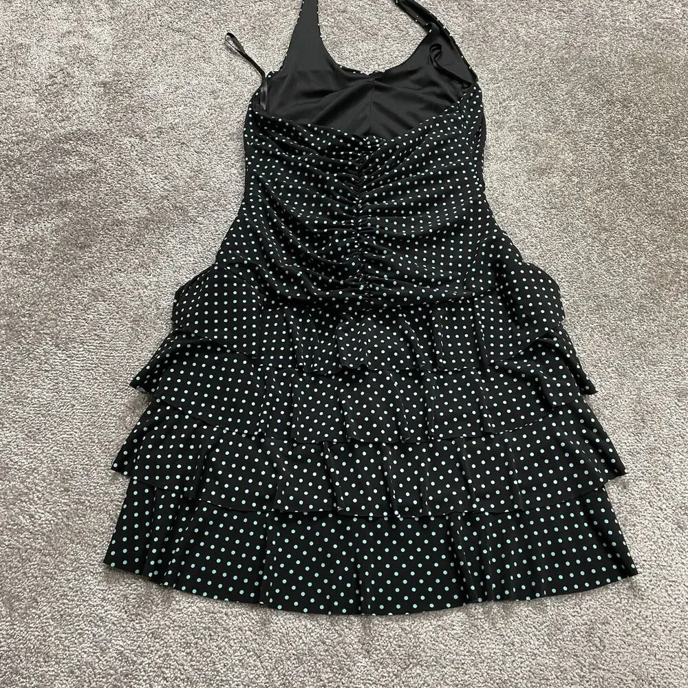 AGB Dress Womens 12 Black Polka Polyester Short Halter Backless Stretch A Line